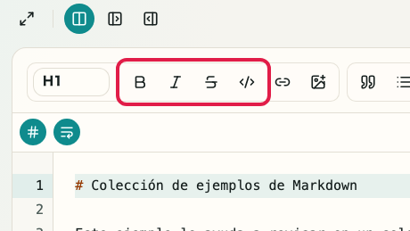 Pantalla que muestra el área de entrada Markdown en Vista previa de Markdown: Énfasis y código en línea