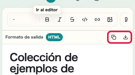 Pantalla que muestra dónde copiar HTML y descargar HTML en Vista previa de Markdown