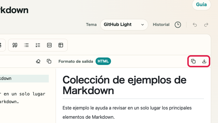 Pantalla que muestra dónde copiar HTML y descargar HTML en Vista previa de Markdown