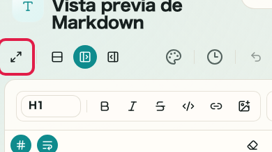 Pantalla que muestra vista previa, tema y controles de vista en Vista previa de Markdown: Pantalla completa