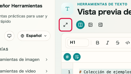 Pantalla que muestra vista previa, tema y controles de vista en Vista previa de Markdown: Pantalla completa