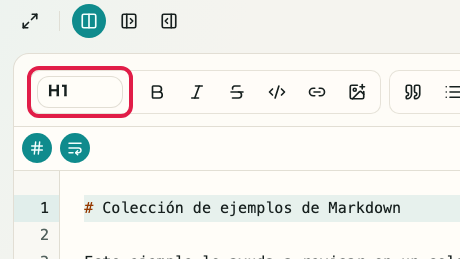 Pantalla que muestra el área de entrada Markdown en Vista previa de Markdown: Nivel de encabezado