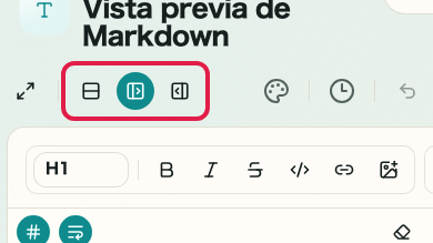 Pantalla que muestra vista previa, tema y controles de vista en Vista previa de Markdown: Cambio de vista