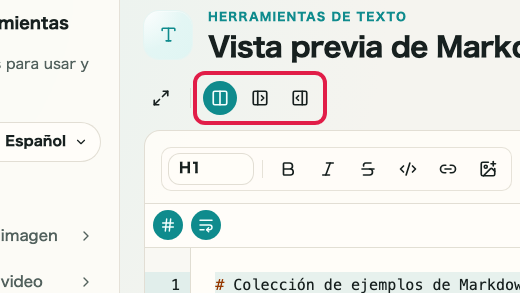 Pantalla que muestra vista previa, tema y controles de vista en Vista previa de Markdown: Cambio de vista