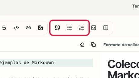 Pantalla que muestra el área de entrada Markdown en Vista previa de Markdown: Citas y listas