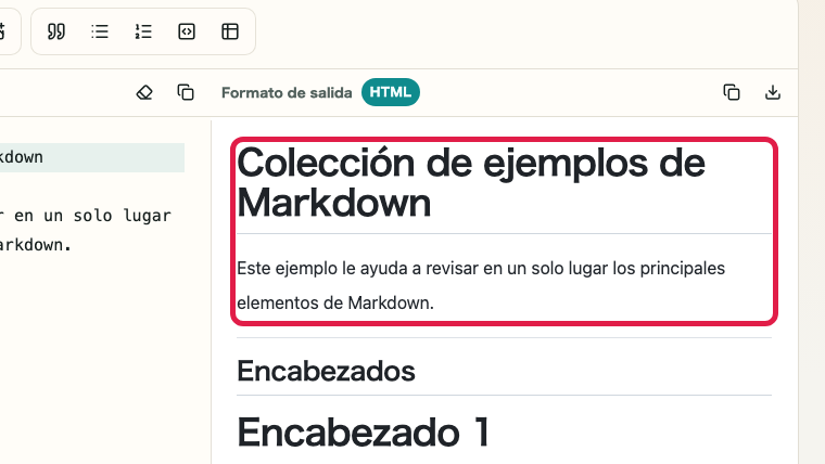 Pantalla que muestra vista previa, tema y controles de vista en Vista previa de Markdown: Revisión de vista previa