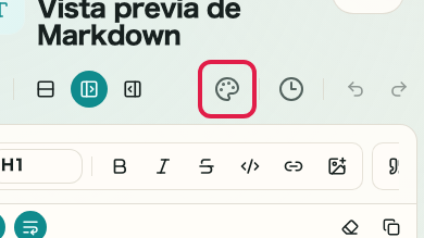 Pantalla que muestra vista previa, tema y controles de vista en Vista previa de Markdown: Tema
