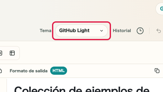 Pantalla que muestra vista previa, tema y controles de vista en Vista previa de Markdown: Tema