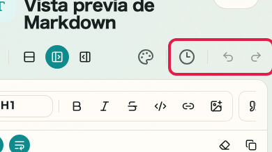 Pantalla que muestra la barra de formato y ayudas de edición en Vista previa de Markdown: Historial, deshacer y rehacer