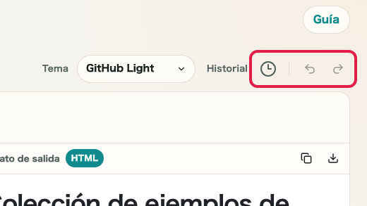 Pantalla que muestra la barra de formato y ayudas de edición en Vista previa de Markdown: Historial, deshacer y rehacer