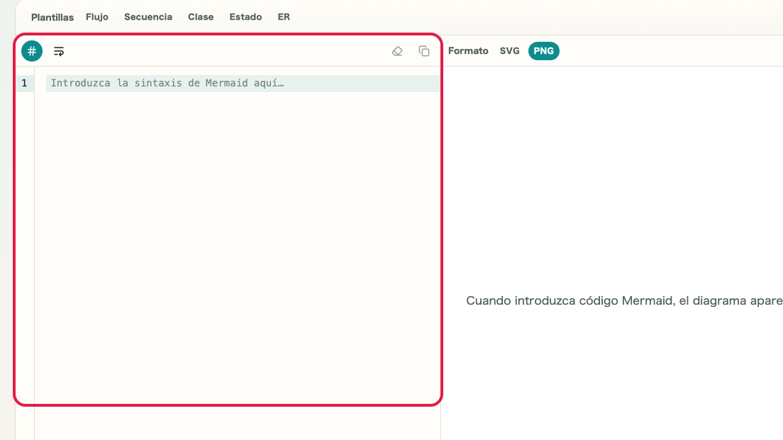 Pantalla que muestra Área de entrada de sintaxis en Vista previa de Mermaid