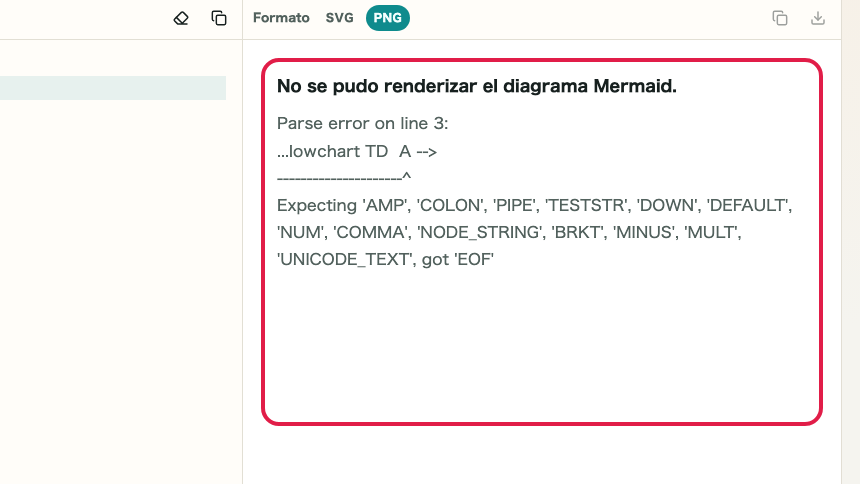 Pantalla que muestra dónde usar Revisión de errores en Vista previa de Mermaid