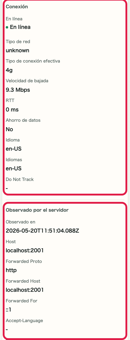 Pantalla que muestra la zona de conexión e información observada por el servidor en Comprobador de IP y red