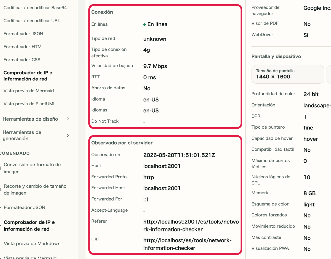 Pantalla que muestra la zona de conexión e información observada por el servidor en Comprobador de IP y red