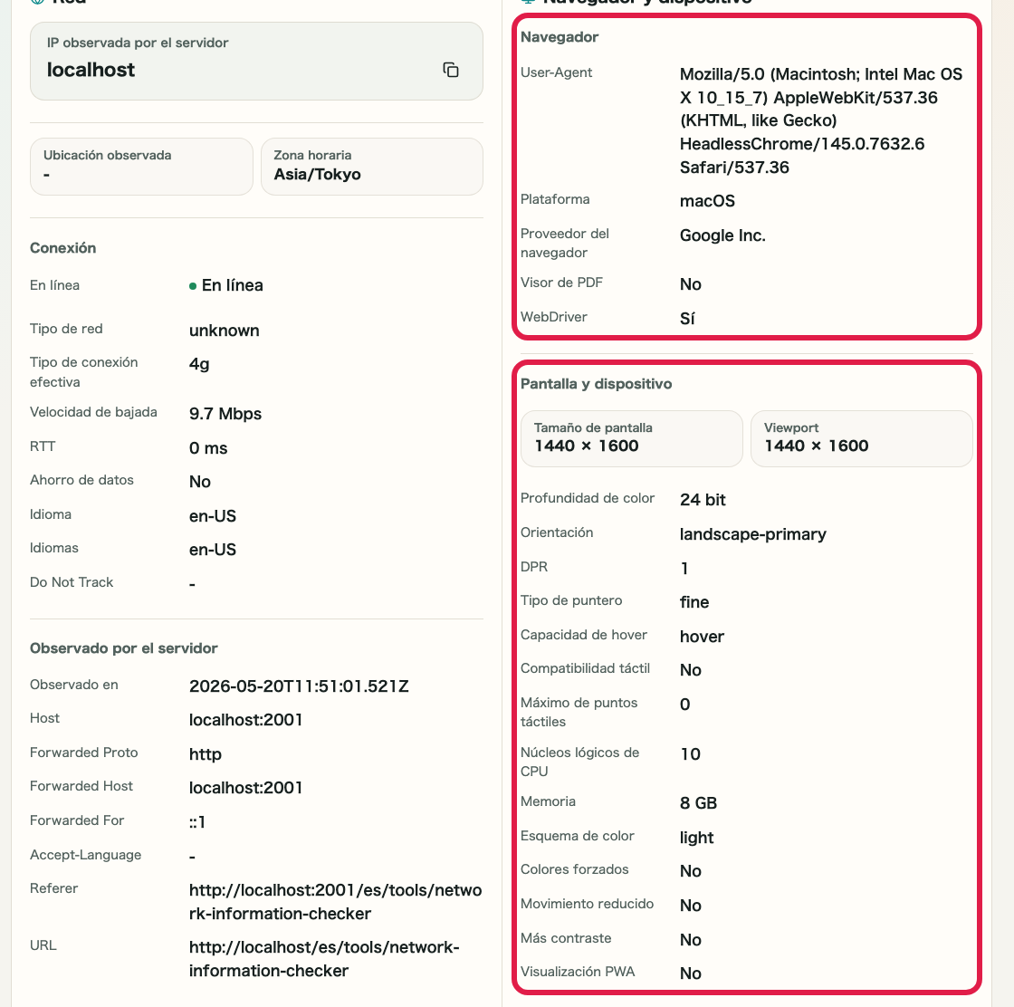 Pantalla que muestra la zona de navegador, dispositivo y pantalla en Comprobador de IP y red