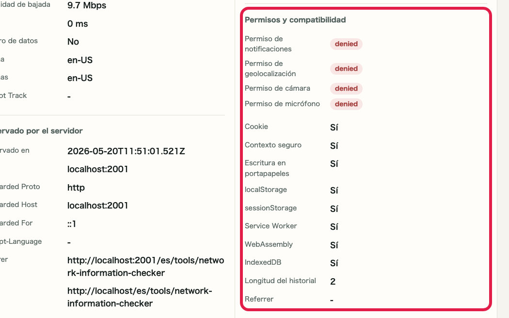 Pantalla que muestra la zona de permisos y compatibilidad del navegador en Comprobador de IP y red