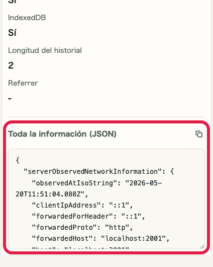 Pantalla que muestra la zona de JSON compartible en Comprobador de IP y red
