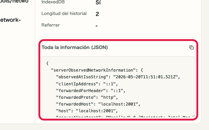 Pantalla que muestra la zona de JSON compartible en Comprobador de IP y red