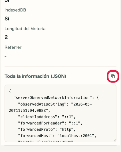 Pantalla que muestra dónde copiar JSON en Comprobador de IP y red