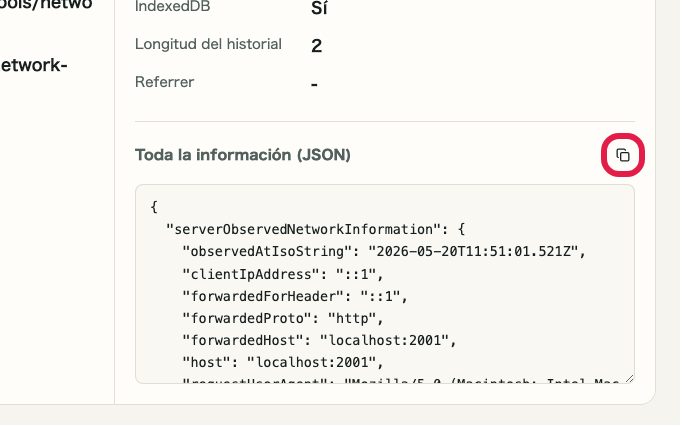 Pantalla que muestra dónde copiar JSON en Comprobador de IP y red