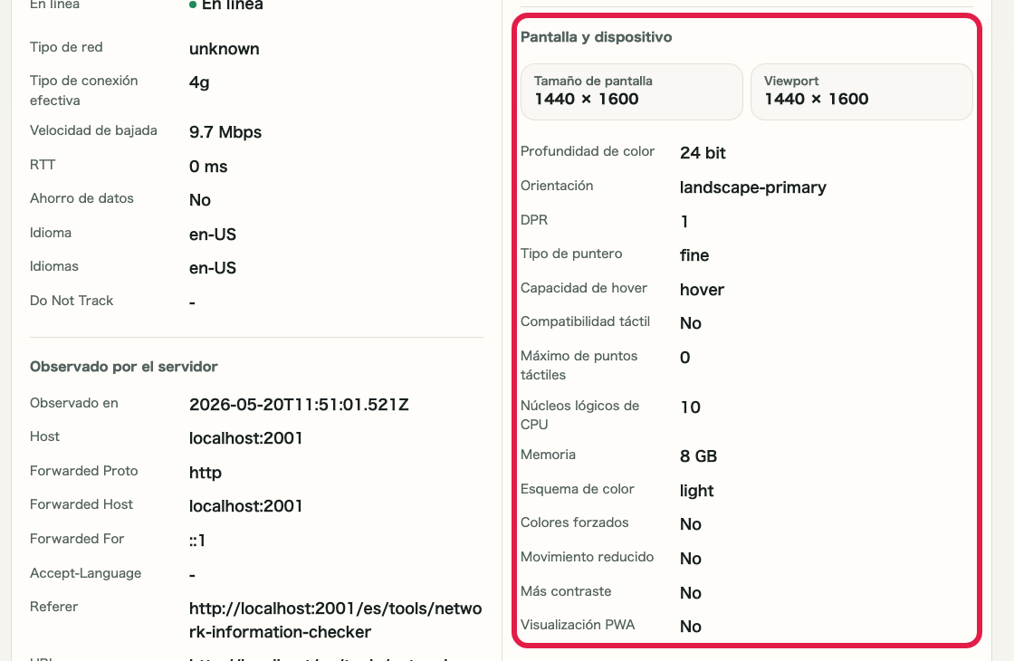 Pantalla que muestra dónde revisar dispositivo y pantalla en Comprobador de IP y red