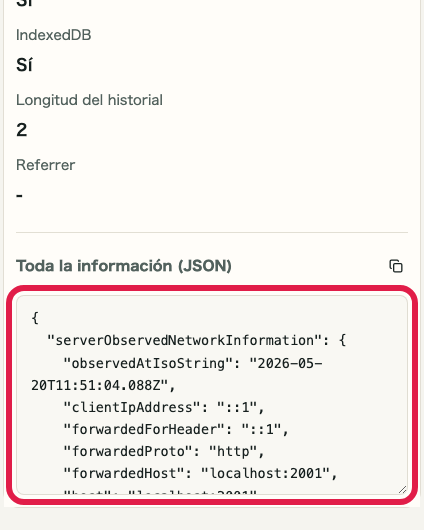 Pantalla que muestra dónde revisar JSON en Comprobador de IP y red