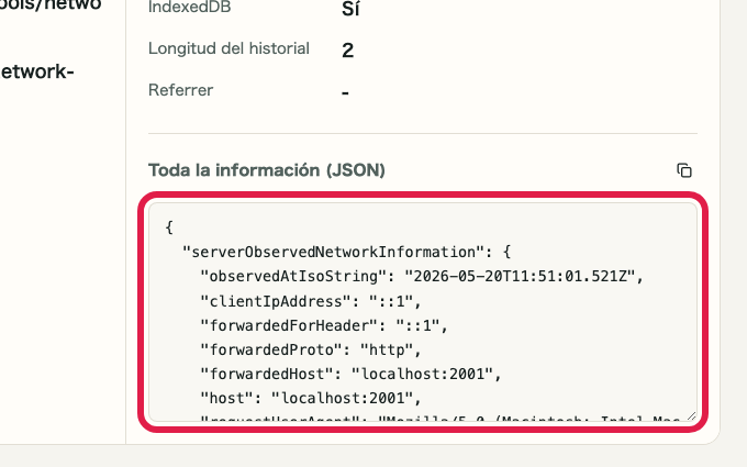 Pantalla que muestra dónde revisar JSON en Comprobador de IP y red