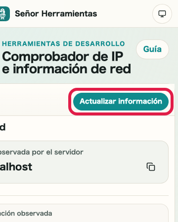 Pantalla que muestra dónde actualizar información en Comprobador de IP y red