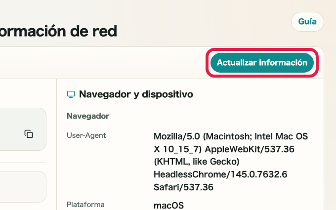 Pantalla que muestra dónde actualizar información en Comprobador de IP y red