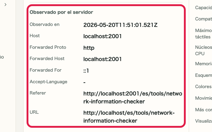 Pantalla que muestra dónde revisar información observada por el servidor en Comprobador de IP y red