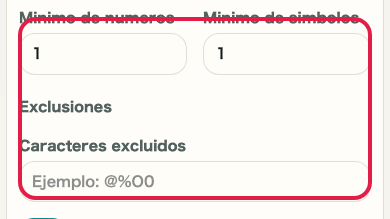 Pantalla que muestra Zona de preajuste y uso en Generador de contraseñas