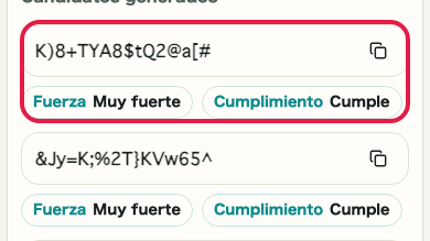 Pantalla que muestra Zona de resultados y copia en Generador de contraseñas
