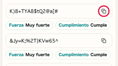 Pantalla que muestra dónde usar Encontrar copia en Generador de contraseñas