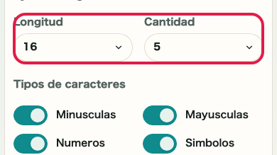 Pantalla que muestra dónde usar Longitud y cantidad en Generador de contraseñas