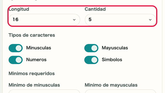 Pantalla que muestra dónde usar Longitud y cantidad en Generador de contraseñas