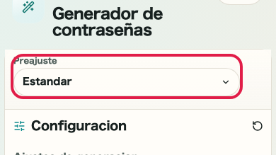Pantalla que muestra dónde usar Preajuste en Generador de contraseñas