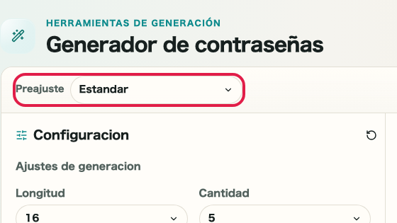 Pantalla que muestra dónde usar Preajuste en Generador de contraseñas