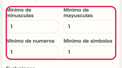 Pantalla que muestra dónde usar Reglas de caracteres en Generador de contraseñas