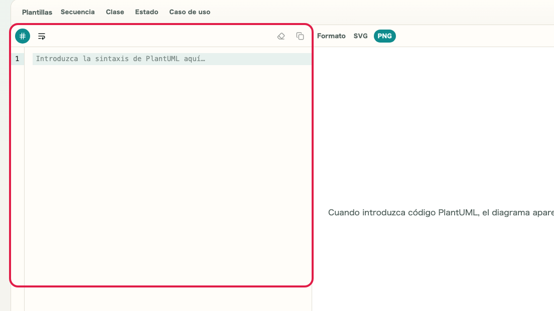 Pantalla que muestra Área de entrada de sintaxis en Vista previa de PlantUML