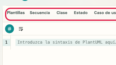 Pantalla que muestra Sugerencias de entrada y ayudas de edición en Vista previa de PlantUML