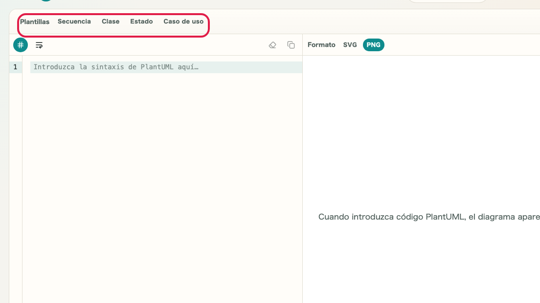 Pantalla que muestra Sugerencias de entrada y ayudas de edición en Vista previa de PlantUML