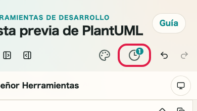 Pantalla que muestra dónde usar Historial y borrador en Vista previa de PlantUML