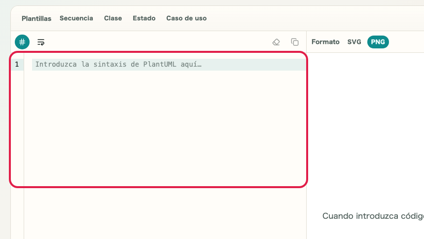 Pantalla que muestra dónde usar Entrada de sintaxis en Vista previa de PlantUML