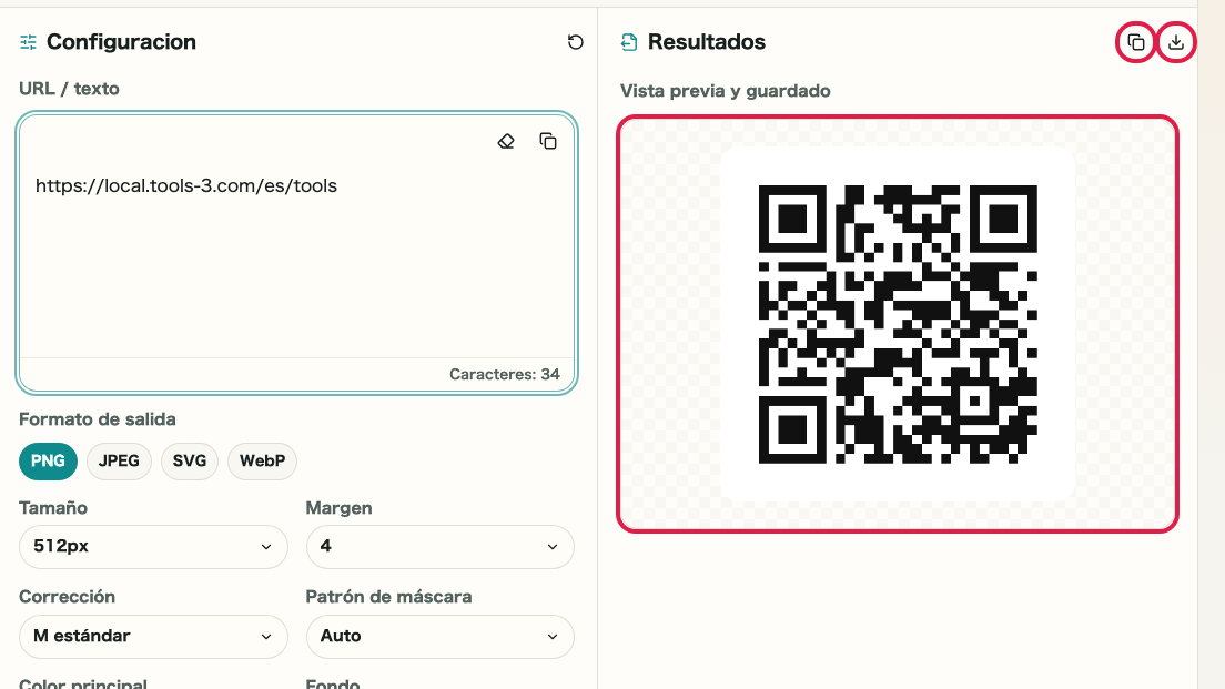 Pantalla que muestra Zona de color, transparencia y vista previa en Generador de código QR
