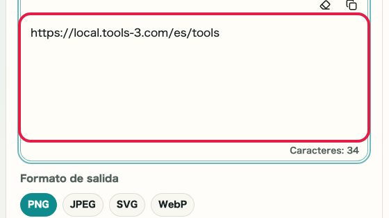 Pantalla que muestra dónde usar Entrada URL / texto en Generador de código QR