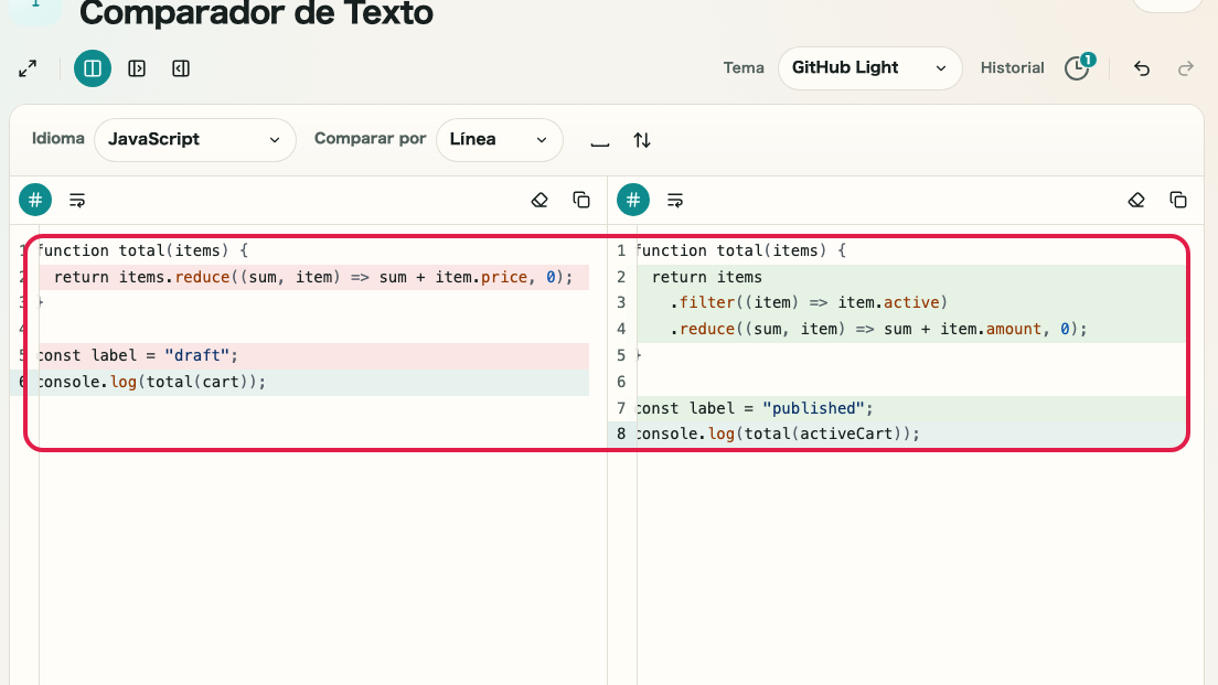Pantalla que muestra el área de entrada anterior y posterior en Comparador de diferencias de texto