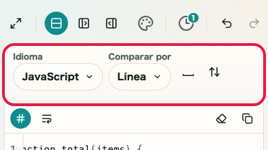 Pantalla que muestra el área de opciones de comparación en Comparador de diferencias de texto
