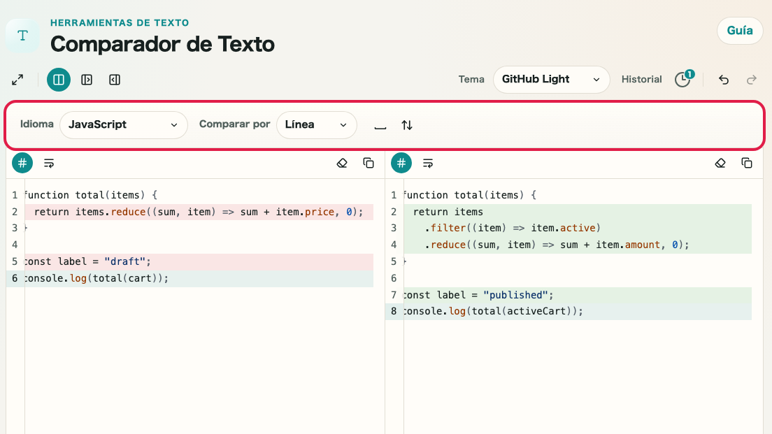 Pantalla que muestra el área de opciones de comparación en Comparador de diferencias de texto
