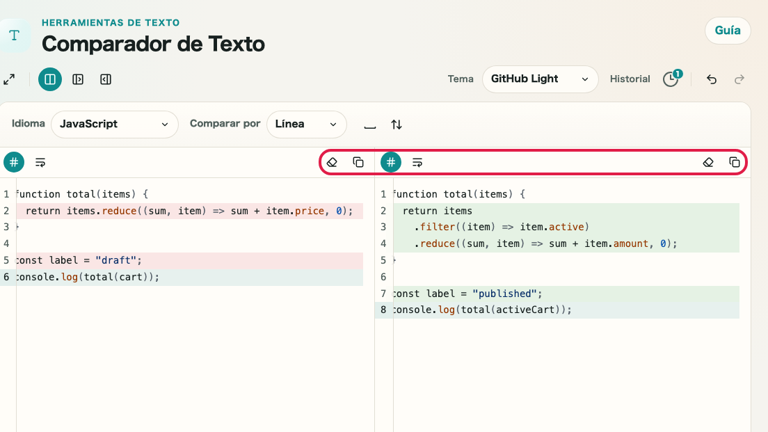 Pantalla que muestra acciones de copia y reutilización en Comparador de diferencias de texto