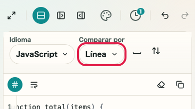 Pantalla que muestra la unidad de comparación en Comparador de diferencias de texto